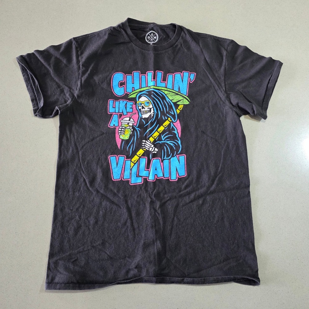 DOM Chillin Like A Villain Grim Reaper Graphic T-Shirt Mens Medium Black Cotton